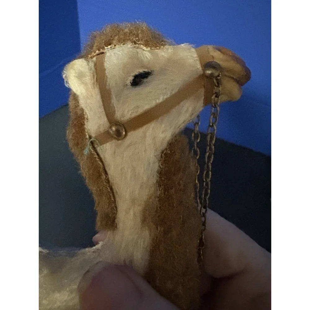 Vintage Fur Camel Figurine with Blanket & Brass Chain – Handcrafted Animal Decor